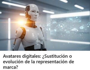Avatar robótico femenino con interfaz holográfica en entorno tecnológico, representando el futuro de la identidad de marca con IA.