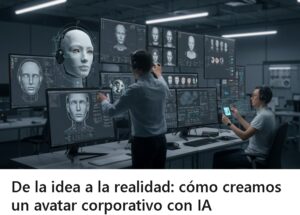Equipo de desarrolladores diseñando avatar corporativo con inteligencia artificial en laboratorio tecnológico.