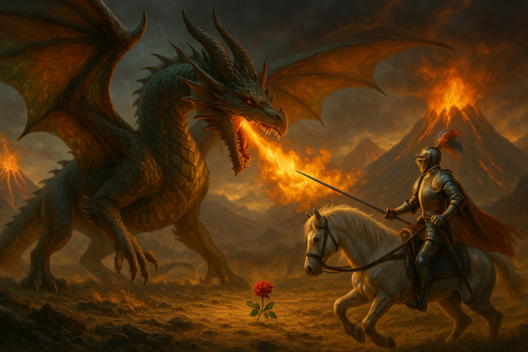Ilustración de fantasía con un héroe enfrentando a un fiero dragón en un entorno oscuro y épico.