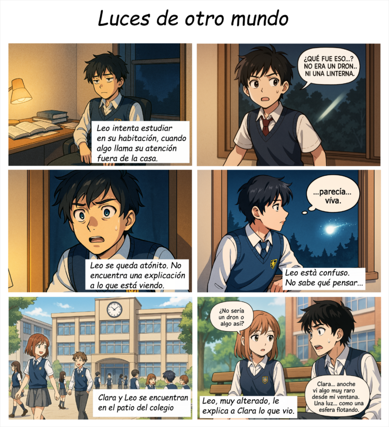 Cómic titulado "Luces de otro mundo" con personajes generados por inteligencia artificial