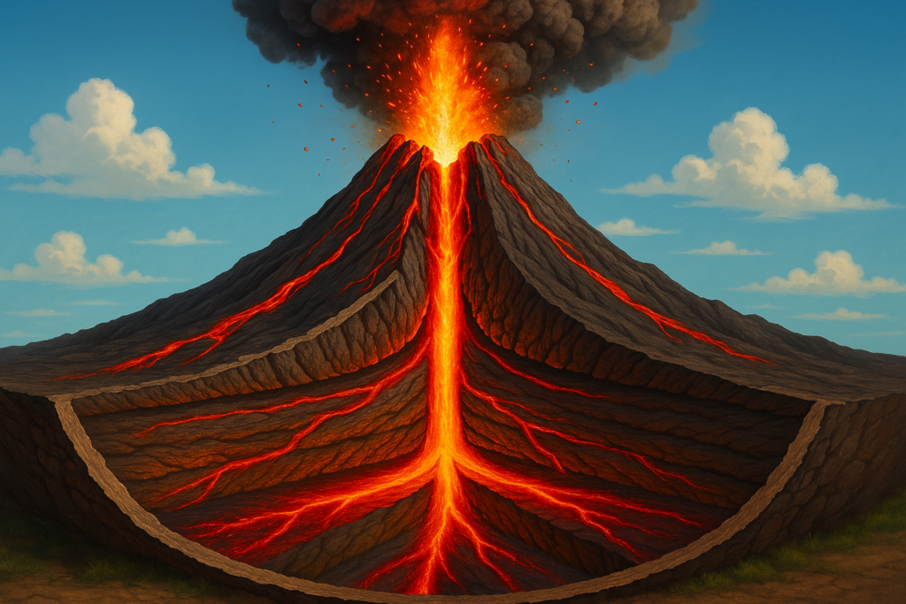 Volcán en erupción con ríos de lava como símbolo visual de transformación y aprendizaje