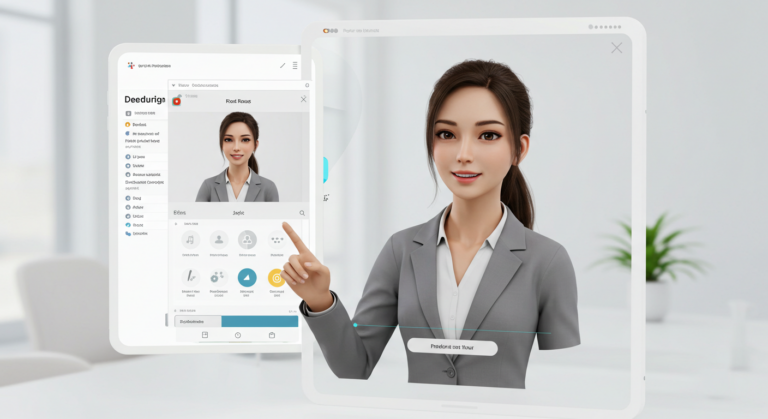 Avatar femenino de estilo profesional interactuando en una interfaz digital dentro de una tablet.
