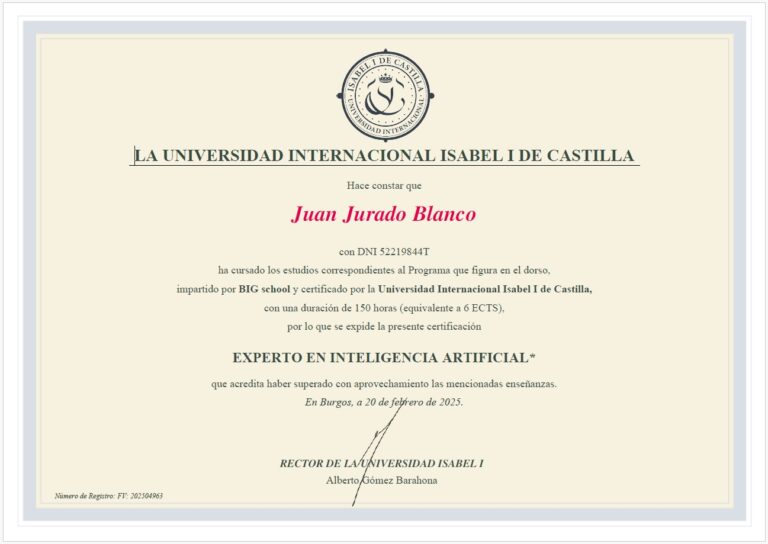 Certificado de Experto en Inteligencia otorgado por la Escuela de Inteligencia Isabel II a Juan Jurado Blanco.