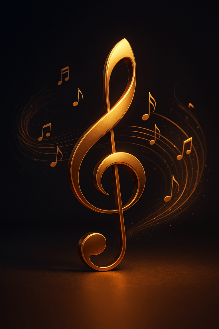 Clave de sol brillante flotando en un entorno oscuro y elegante, símbolo de música.