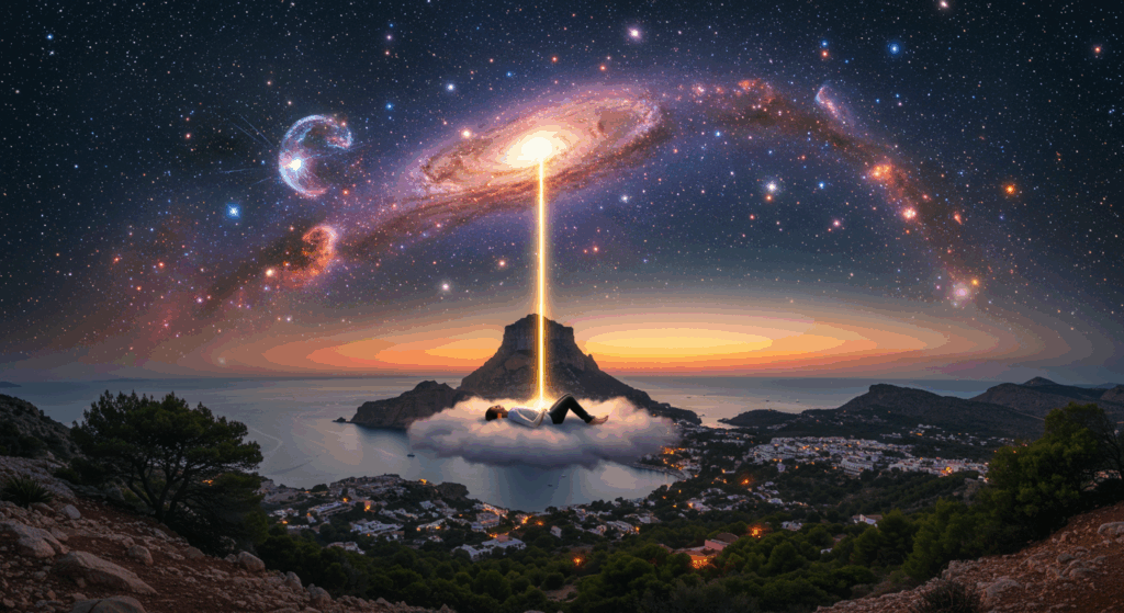 Imagen conceptual de un paisaje futurista que representa la creatividad, la imaginación y el poder de soñar con la ayuda de la inteligencia artificial.