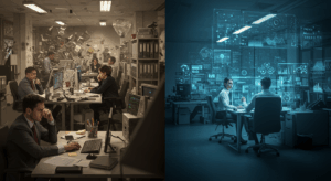 Imagen de cabecera que muestra una sala moderna con equipos creativos trabajando con pantallas y avatares digitales.