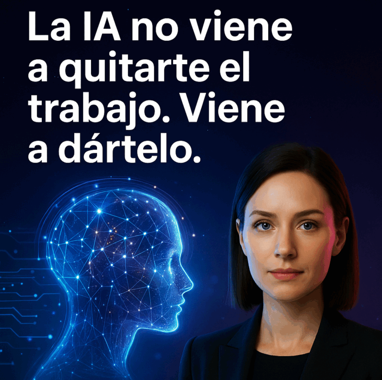 Avatar femenino con mensaje sobre el papel de la inteligencia artificial en el trabajo, acompañado de cerebro digital.