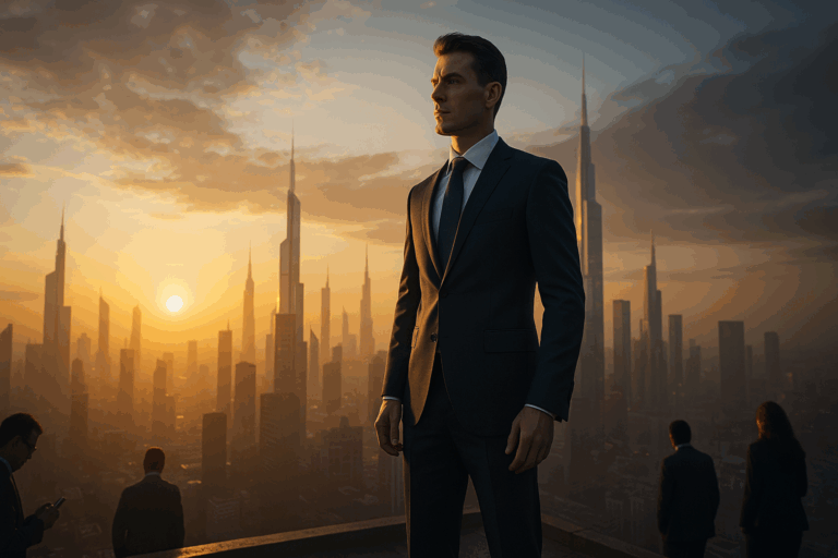 Avatar masculino caminando hacia una ciudad futurista al atardecer, simbolizando el futuro de la inteligencia artificial aplicada a la marca personal.