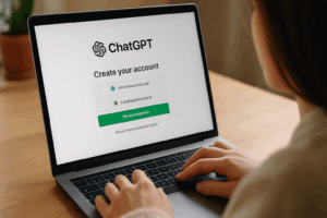 Persona utilizando un portátil con la página de inicio de sesión de una plataforma online ChatGPT.