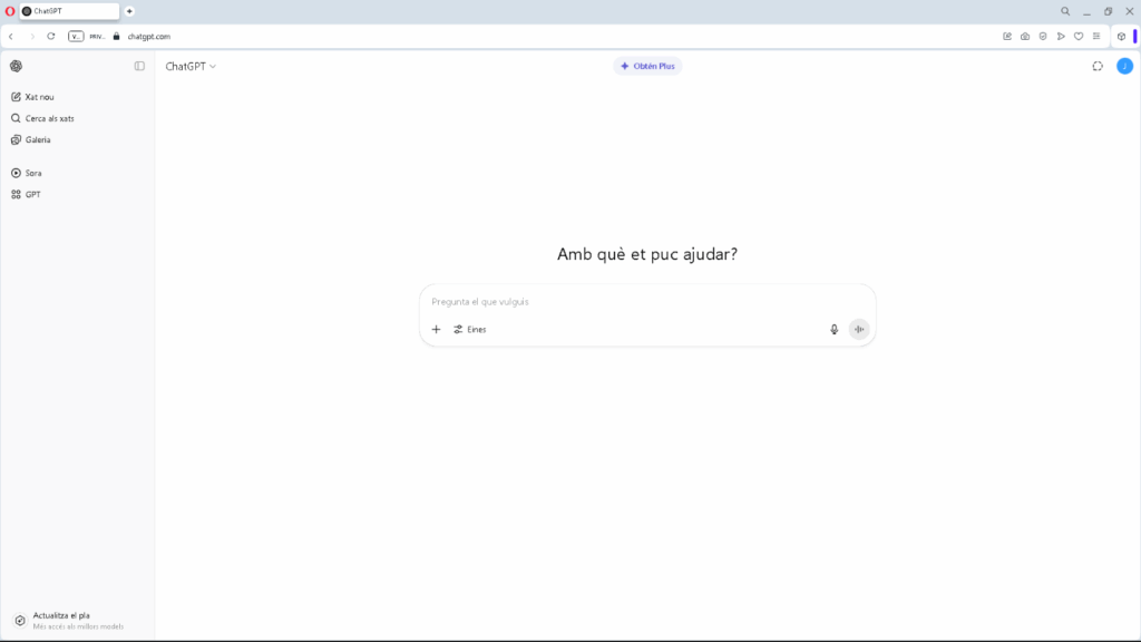 Pantalla principal de ChatGPT lista para empezar una nueva conversación.