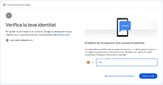 Pantalla de verificación de identidad de Google solicitando número de teléfono.