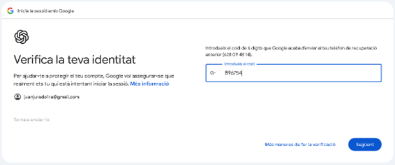 Pantalla de verificación de identidad de Google durante el proceso de registro en ChatGPT.