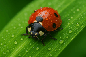 Mariquita roja con puntos negros sobre una hoja verde cubierta de gotas de agua.