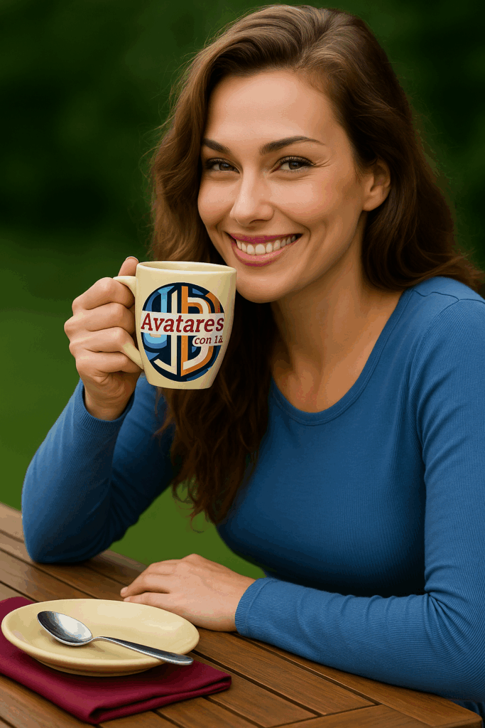Modelo virtual sosteniendo taza con logo JJB Avatares creada con inteligencia artificial