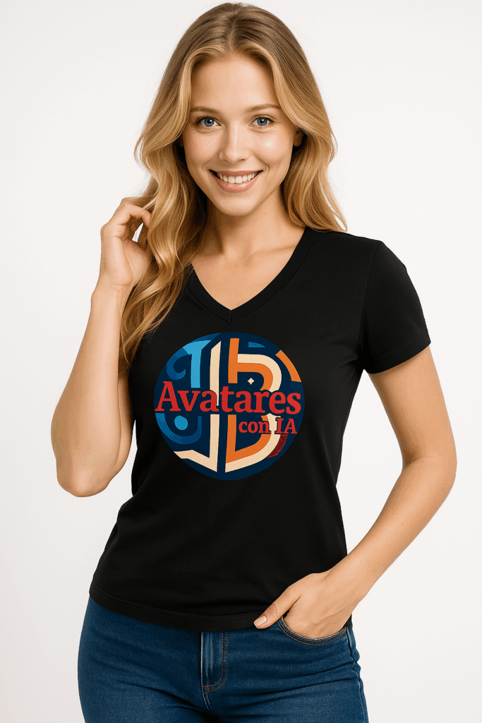 Modelo virtual con camiseta negra logo JJB Avatares creada con inteligencia artificial