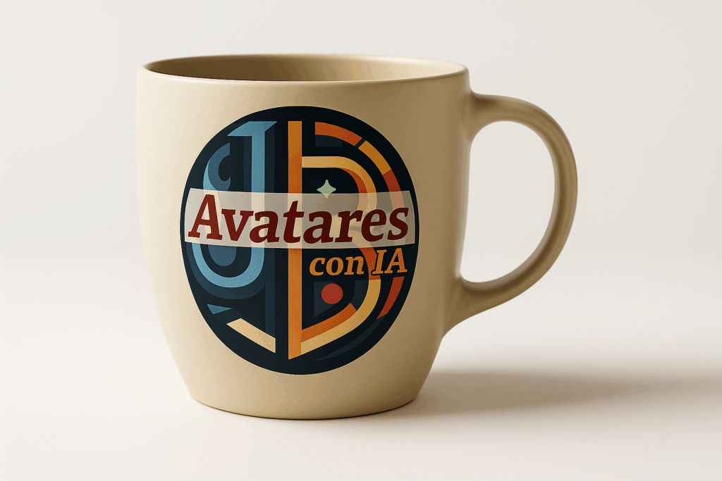 Taza color beige con logo JJB Avatares para branding y modelos virtuales con inteligencia artificial