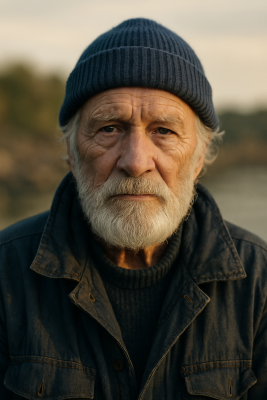 Retrato fotográfico en exterior de alta calidad Retrato fotográfico de pescador con gorro de lana en exterior, iluminación natural y fondo desenfocado.
