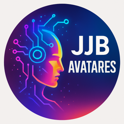 Logotipo circular de JJB Avatares con rostro digital y diseño futurista