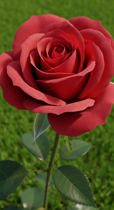 Primer plano vertical de una rosa roja abierta sobre fondo verde, símbolo de elegancia, pasión y naturaleza.